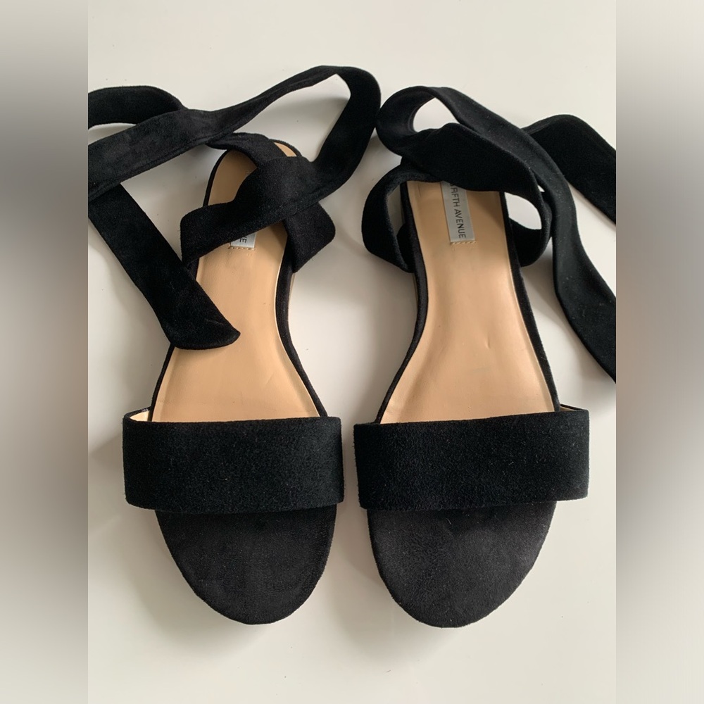 FLAT SUEDE ANKLE TIE SANDAL SIZE 8.5 BLACK SAKS FIFTH AVENUE